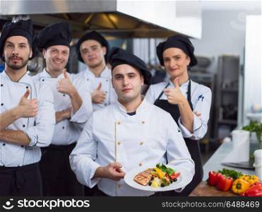 Portrait of group chefs standing together in commercial kitchen at restaurant. Portrait of group chefs