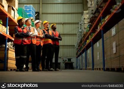 Portrait of Group employees in a warehouse, Consisting of Warehouse supervisors Distribution Manager and Warehouse Specialist