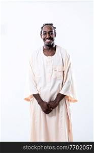 portrait of  handsome african black man in traditional islamic sudan fashion clothes isolated on white background