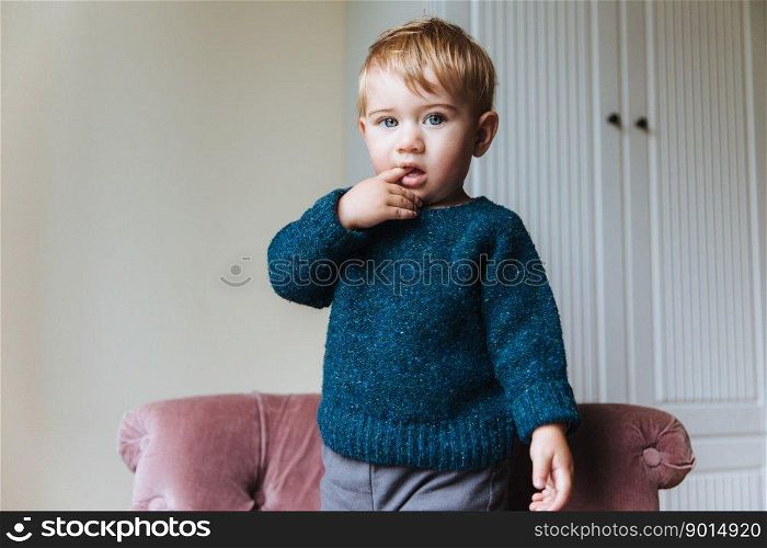Portrait of handsome blonde little child keeps finger in mouth, looks with his blue appealing eyes, plays alone in his room. Curious small kid stands on armchair, wears warm sweater and trousers