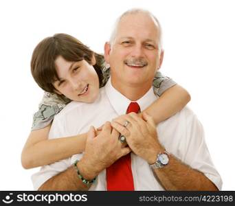 Portrait of handsome father and loving son. Isolated on white.