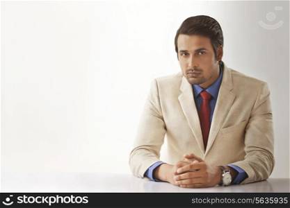 Portrait of handsome young businessman sitting at office desk