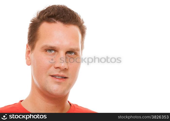 Portrait of handsome young man red t-shirt isolated on white background