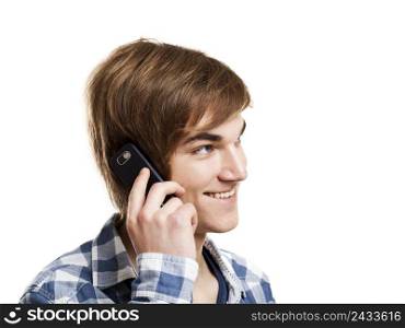 Portrait of handsome young man using mobile phone, isolated on white background