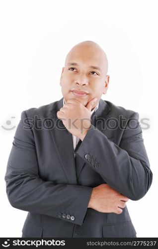 Portrait of handsome young thoughtful businessman isolated over white background