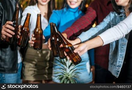 Portrait of Happy Asian friends having dinner party together - Young people toasting beer glasses dinner outdoor  - People, food, drink lifestyle, new year celebration concept.