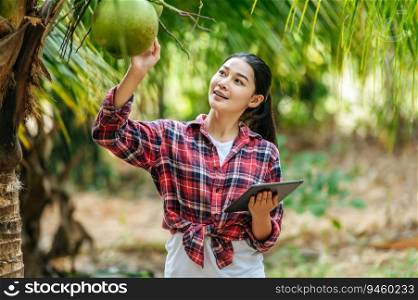 Portrait of Happy Asian young  farmer woman check quality of coconut in farm and using tablet computer to take orders online for customers. Agricultural and technology concepts.