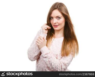 Portrait of happy attractive woman having long brown straight hair wearing light jumper. Portrait of happy attractive woman wearing light jumper
