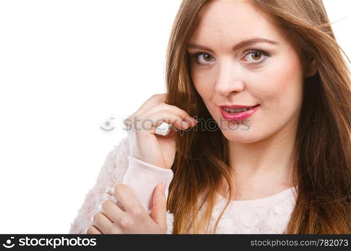 Portrait of happy attractive woman having long brown straight hair wearing light jumper. Portrait of happy attractive woman wearing light jumper