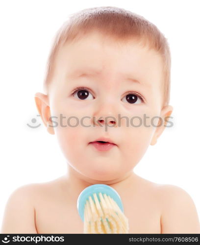 Portrait of happy baby boy closeup on the white background