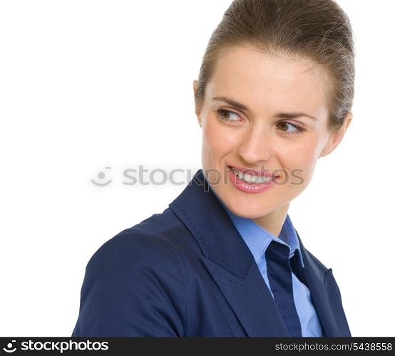 Portrait of happy business woman looking on copy space