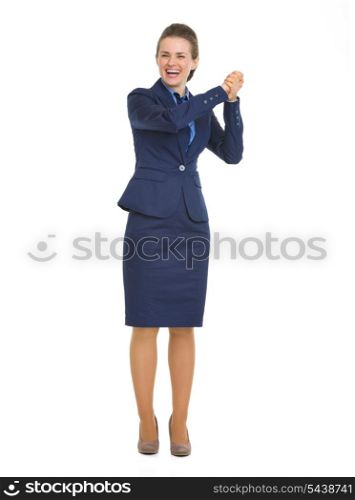 Portrait of happy business woman showing partnership gesture