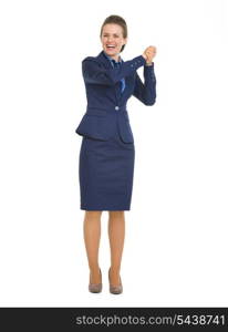 Portrait of happy business woman showing partnership gesture