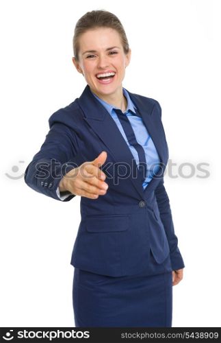 Portrait of happy business woman stretching hand for handshake