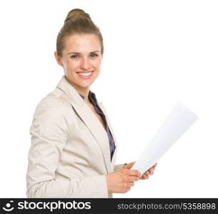 Portrait of happy business woman with document