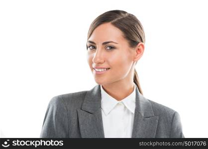 Portrait of happy Caucasian business woman standing over white background