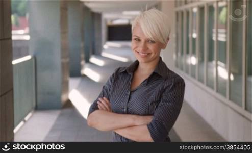Portrait of happy confident business woman looking and smiling at camera. Sequence