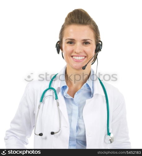 Portrait of happy doctor woman in headset