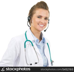 Portrait of happy doctor woman in headset