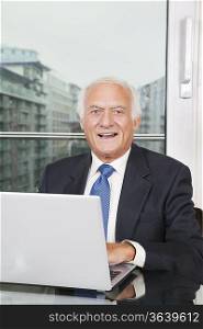 Portrait of happy elderly businessman with laptop sitting at table