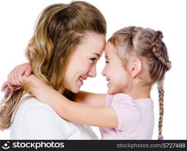 Portrait of happy embracing mother with her little daughter - isolated on white background