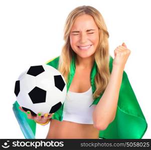 Portrait of happy excited Brazilian football team fan with closed eyes isolated on white background, holding in hand ball and Brazil flag, winning in championship concept