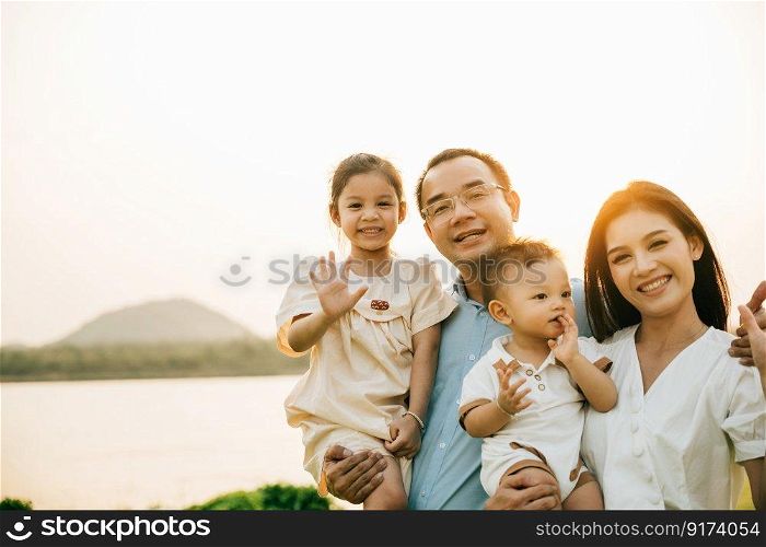 Portrait of happy family enjoying a beautiful spring day in park, with their cute baby and lovely nature surrounding them outdoor. young couple holding their adorable baby and enjoying stunning sunset