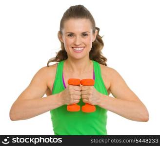 Portrait of happy fitness young woman with dumbbells