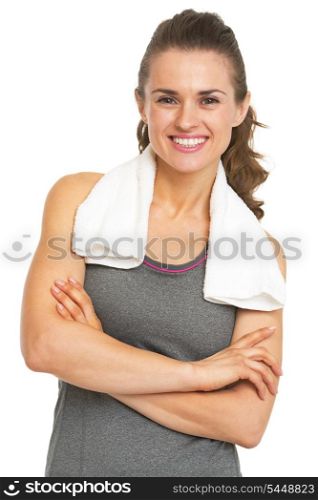Portrait of happy fitness young woman with towel