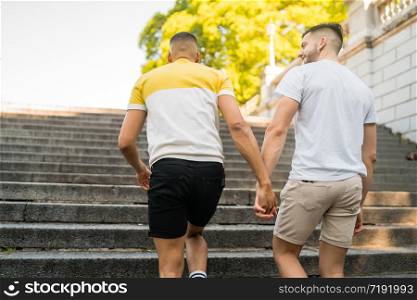 Portrait of happy gay couple spending time together and holding hands while walking in the street. Lgbt and love concept.