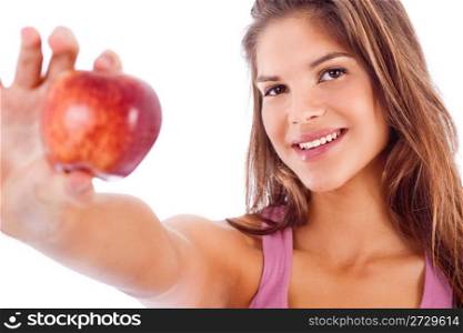 portrait of happy girl showing red apple in isolated white backround