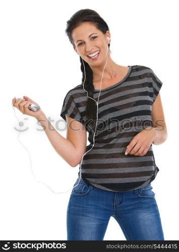 Portrait of happy girl with headphones listening music