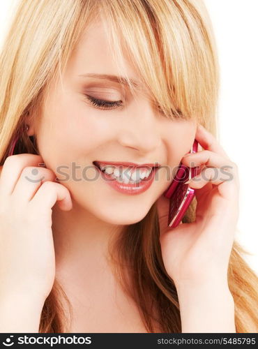 portrait of happy girl with pink phone