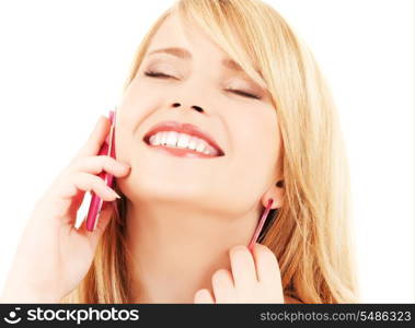 portrait of happy girl with pink phone