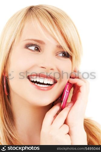 portrait of happy girl with pink phone