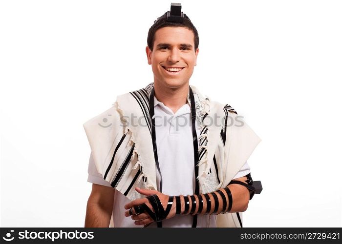 Portrait of happy jewish man smiling on a white isolated background