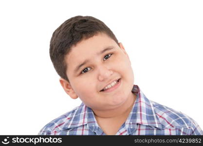 Portrait of happy little boy over white background