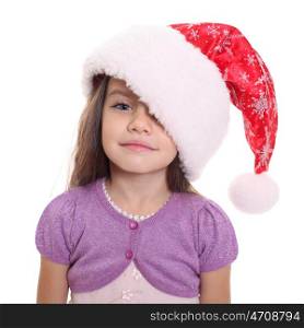 Portrait of happy little girl in Santa hat isolated on white background