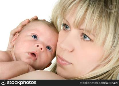 Portrait of happy mammy with baby boy isolated on white