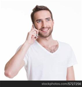 Portrait of happy man calling by mobile in casuals - isolated on white. Concept communication.&#xA;