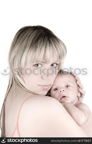 Portrait of happy mother with baby boy isolated on white