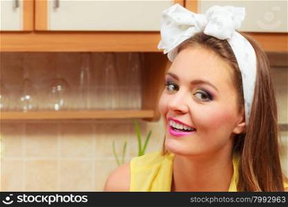 Portrait of happy pretty pin up girl with bow.. Portrait of happy smiling pretty pin up girl with hairband bow. Attractive gorgeous young retro woman.