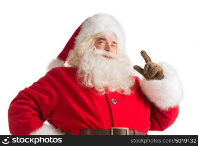 Portrait of happy Santa Claus have an idea isolated on white background. Idea gesture. Pointing up with fingertip