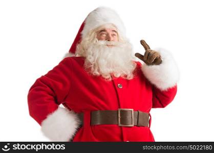 Portrait of happy Santa Claus have an idea isolated on white background. Idea gesture. Pointing up with fingertip