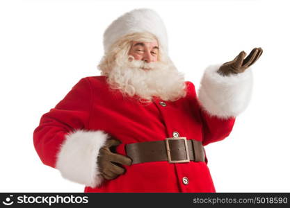 Portrait of happy Santa Claus isolated on white background presenting, greeting, welcoming