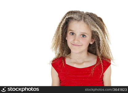 Portrait of happy school girl over white background