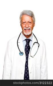 Portrait of happy senior doctor isolated on white background