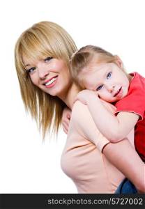 Portrait of happy smiling beautiful young mother with little pretty daughter - isolated