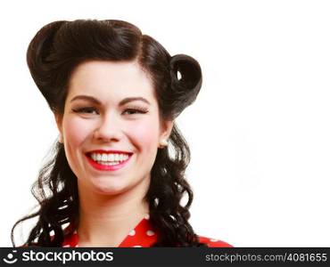 Portrait of happy smiling brunette woman pin-up girl with retro hairstyle isolated on white. Studio shot. Blank copy-space.