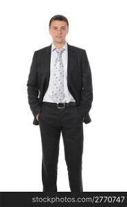 Portrait of happy smiling businessman in a business suit. Isolated on white background
